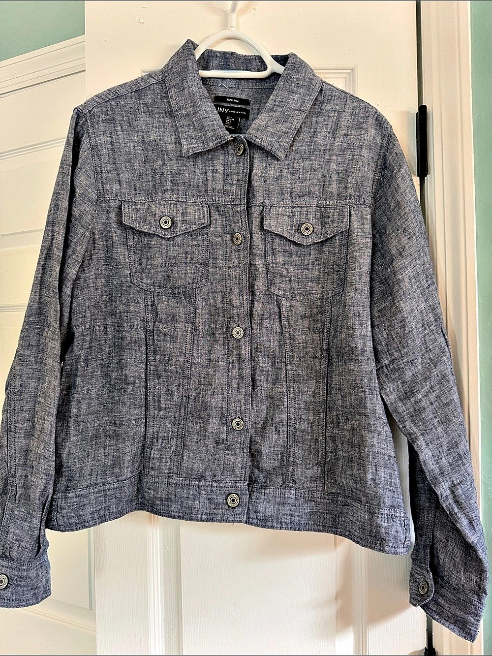 Jones New York JNY 100% Linen Button Front Trucker Jacket Blue Large